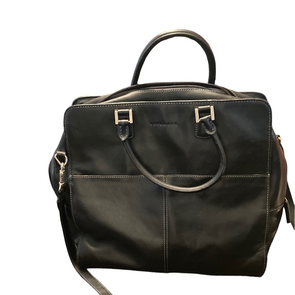Levenger Handbags - Levenger black leather briefcase with silver tone hardware, shoulder strap
